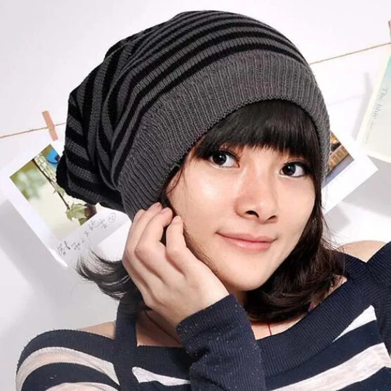 

Korean Hot Sell Stripe Double Sided Use Skullies Beanies Brand Autumn Winter Warm Hats For Men Women Acrylic 56-60CM