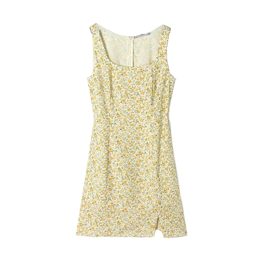 

2021 summer Women Party sleeveless Mini vintage floral vest Dress Slim Tank Top Vestidos Slit Printed A-Line Side split Dresses