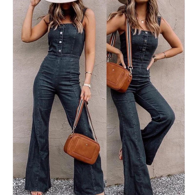 

Mandylandy, черные облегающие джинсовые комбинезоны, женские серые ковбойские комбинезоны на лямках, сиамские брюки с широкими штанинами, джинс...