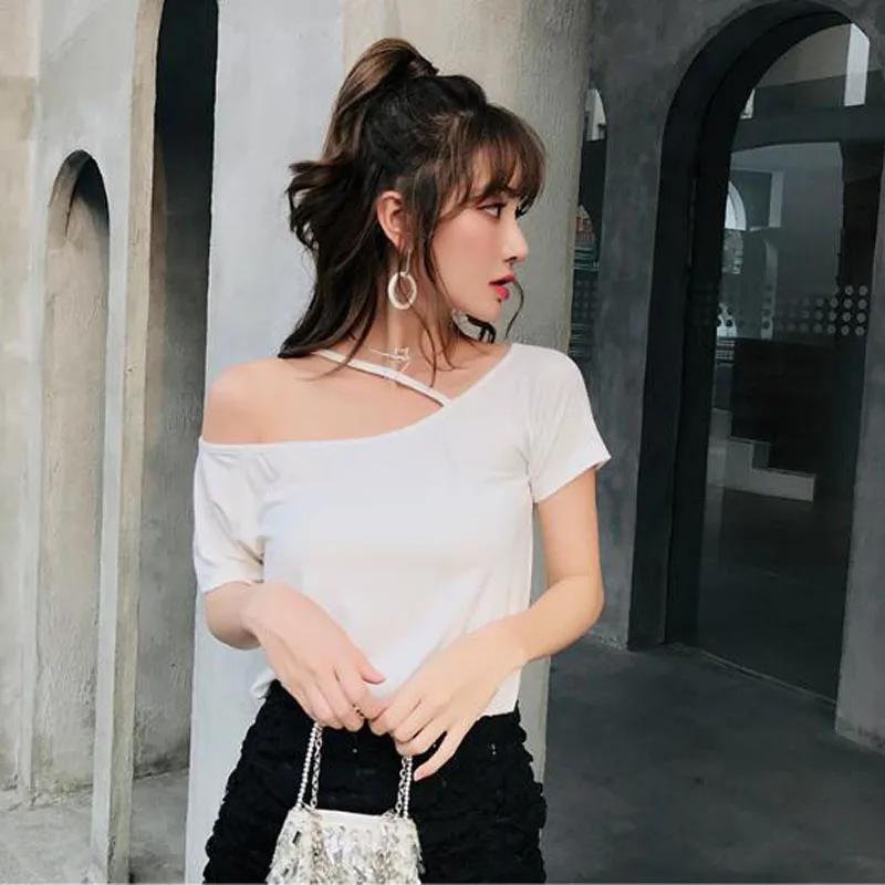 

Spring Summer Women T shirts Hot Sexy Solid Color Short Sleeve Slash Neck Women Tops Tees Casual Loose Women T-shirt