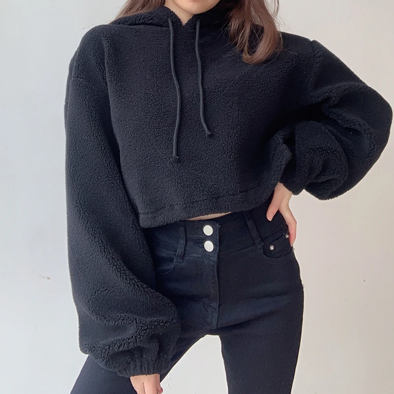 

Autumn Winter Fleece Sweatshirt Women Hooded Casual Crop Top Solid Color Warm Tracksuit Hairy Cute Loose Korean Hoodies