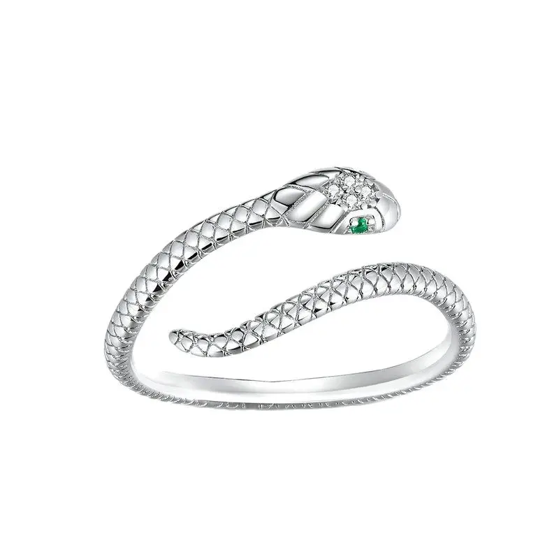 

Sterling Silver Platinum Plated Adjustable Ring, Green Zircon Retro Textures Snake Ring Fashion Jewelry SCR666