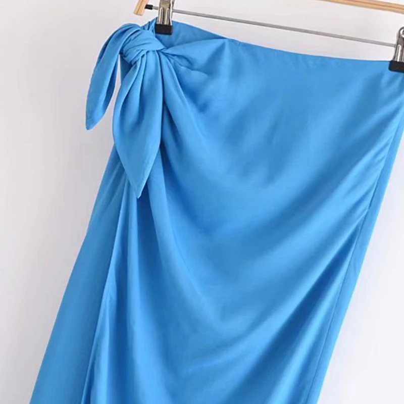 

TRAF Za Women Skirt Bowknot High Slit Folds Skirt For Women Blue Beach Fulfill Party Weddind Skirt Sexy Clothing For Summer 2021