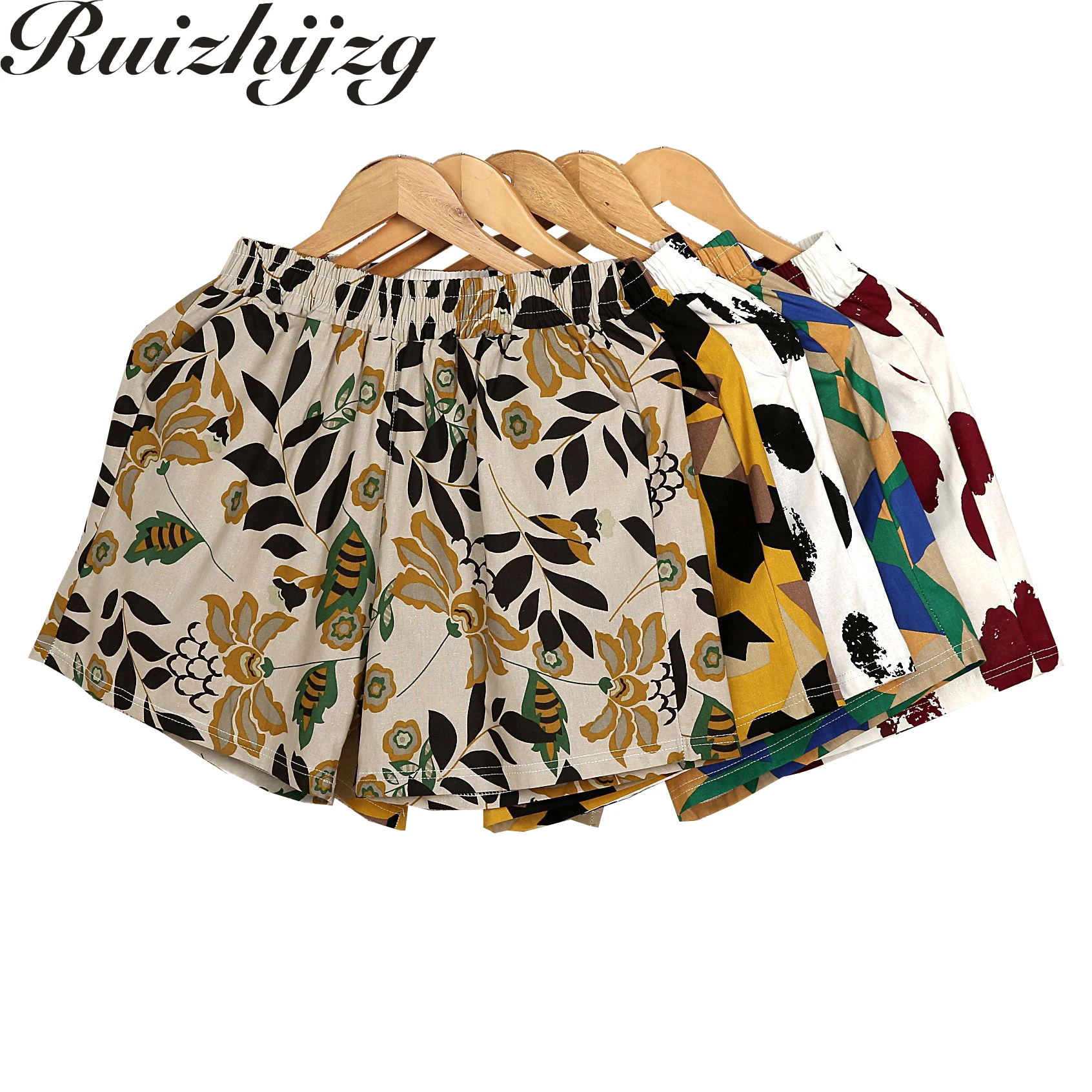 

Ruizhijzg M-4XL Cotton Linen Shorts Print Women 2022 Home wear Summer Beach Casual Short pants Printed short Pants Plus Size