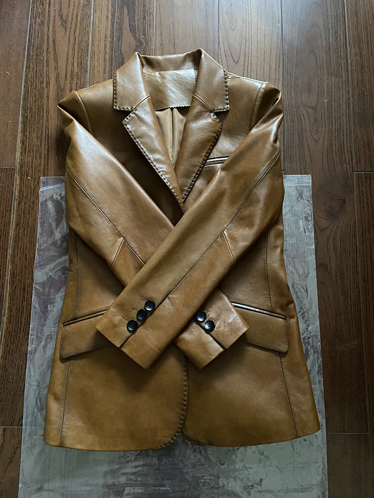 Hot Sale High Quality Spring Autumn Office Lady Thin Real Sheepskin Leather Women Slim Genuine Leather Coat