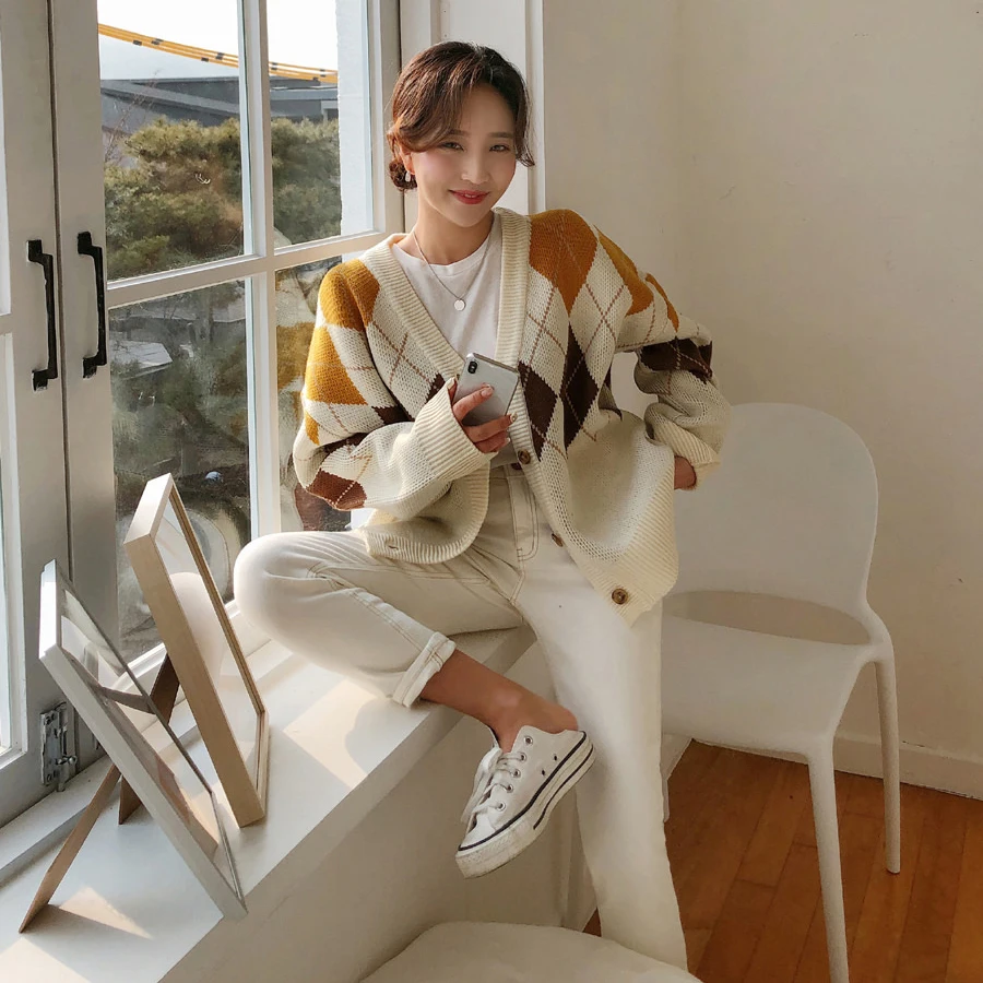 

Vintage Patchwork Knitted Sweater Women Cardigans Single-breasted Loose Casual Argyle Plaid Female Open Stitch Sweaters JK558