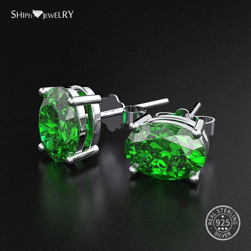 Emerald Shipei 925 пробы серебряные ювелирные изделия Сапфир Изумруд Рубин гипоаллергенные овальные серьги-гвоздики для женщин подарок на день рождения - Цвет камня: Emerald