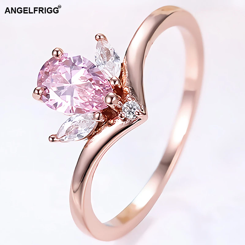 ANGELFRIGG Новый дизайн розовое золото палец кольца с грушей кубического циркония