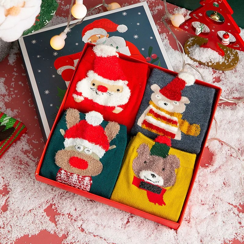 

4 Pairs Christmas Woman Socks Funny Cartoon Santa Claus Christmas Tree Socks Kawaii Cartoon Animal Girl Christmas Gift Socks