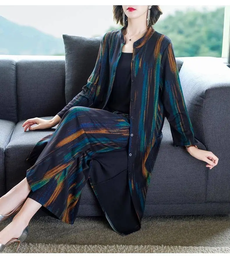 

Women's 2020 Fashion Spring Long Trench Coat and Wide Leg Trouser Printed Vintage Elegant Temperament 2-piece Set Plus Size F156