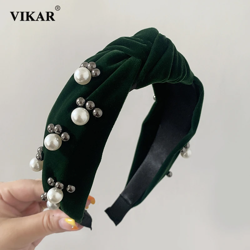 

VIKAR New Vintage Velvet Pearl Headband Women Autunm Cross Knotted Head Hoop Hairband Girls Fashion Headwear Hair Accessories