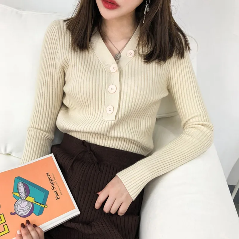 Women Casual V-Neck Sweaters Solid Winter Wear Sexy Ladies Long Sleeve Single Breasted Slim Fit Jumper Clothes | Женская одежда