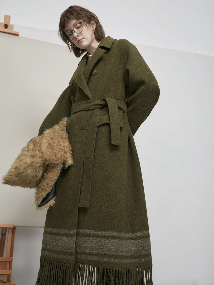 

IRINACH566 Fall Winter 2021 Collection Original Design Vintage Double Breasted Long Tassel Wool Coat Women