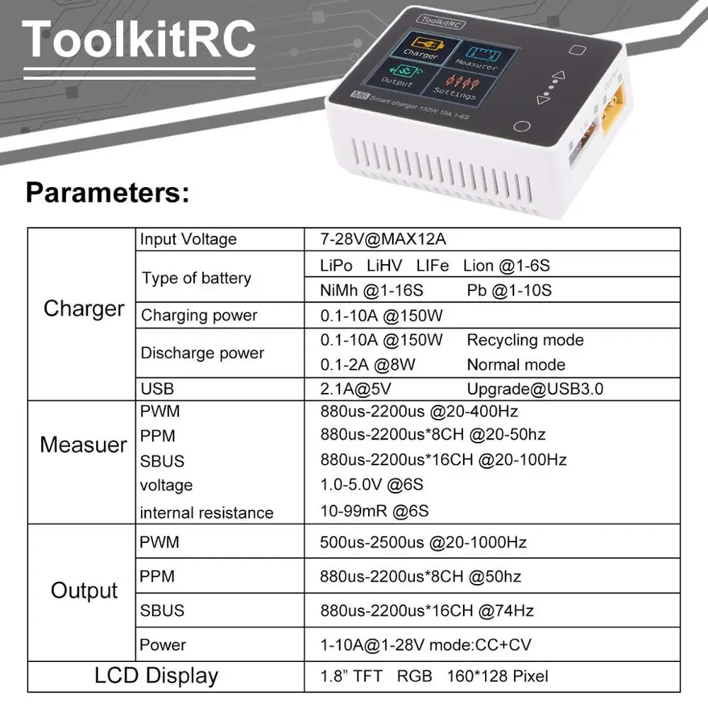 ToolkitRC M6 зарядное устройство для баланса батареи 150 Вт 10A DC Dis зарядное устройство для 1-6 S Lipo LiHV Life Lion NiMh Pb клеточный тестер для проверки сервопривода