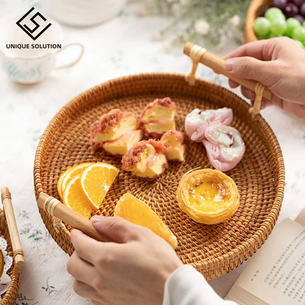 Ручной работы из ротанга ящик для хранения с деревянная круглая ручка плетеная