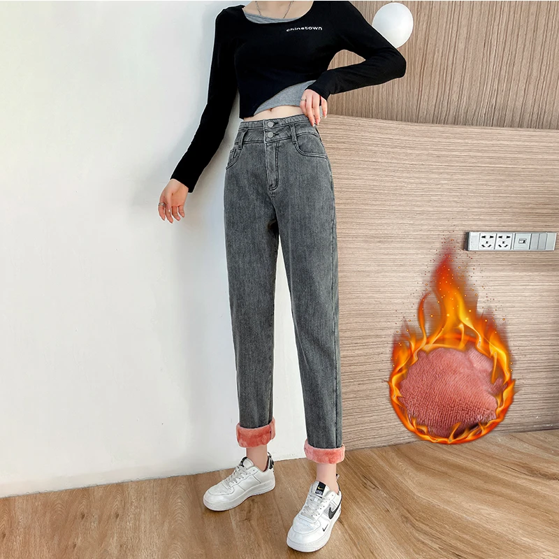 

2021 New Winter Women Plus Velvet Jeans Fleece High Waist Buttons Thicken Casual Comfortable Mom Pants Denim Trousers