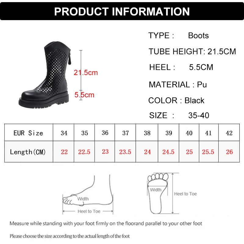

Rimocy Breathable Chunky Heels Mid Calf Boots Women Black Punk Platform Motorcycle Boots Woman Hollow Out Summer Shoes Ladies