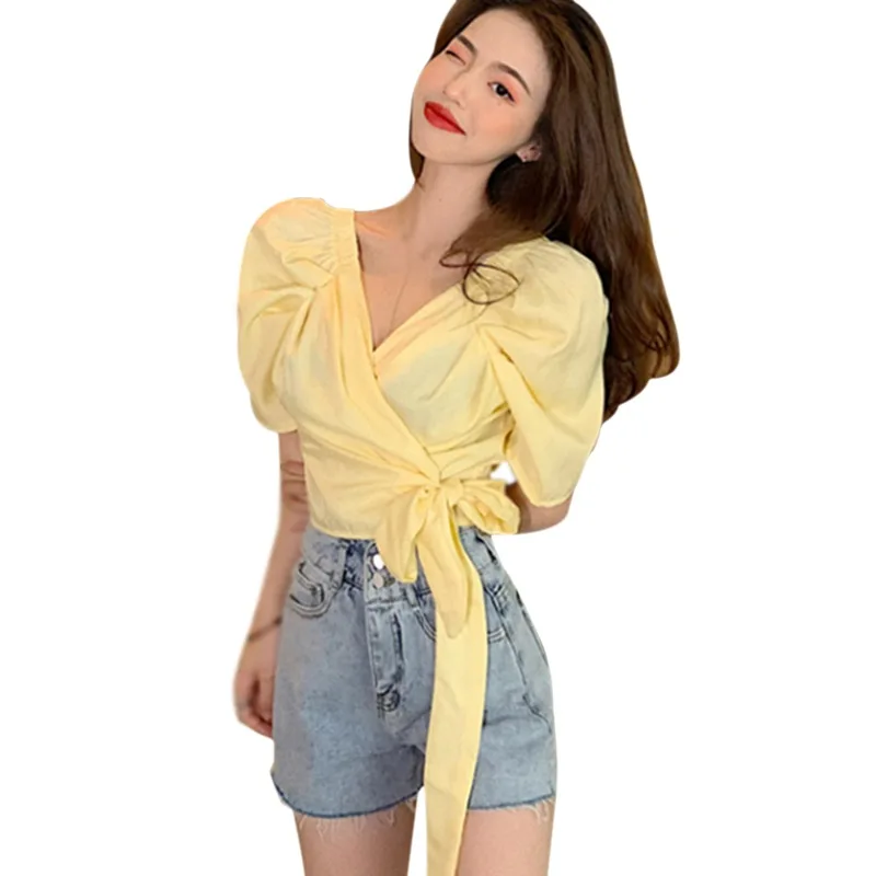 

Bubble Sleeve Belt Tie Shirt Design Sense Careful V-neck Slim Short Summer Short Sleeve Blouse Female Korean Sweety Blouse