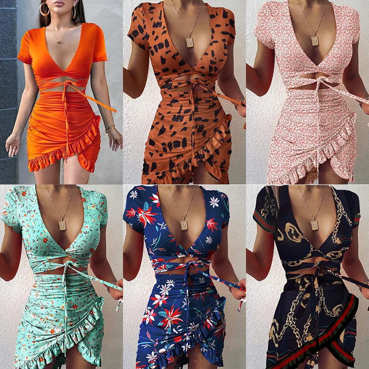 

Dresses Women Floral Print Fashion Tie Up Wrap Mini Dress 2021 Summer Holiday Ruffles Sundress Ruched Short Sleeve Dress