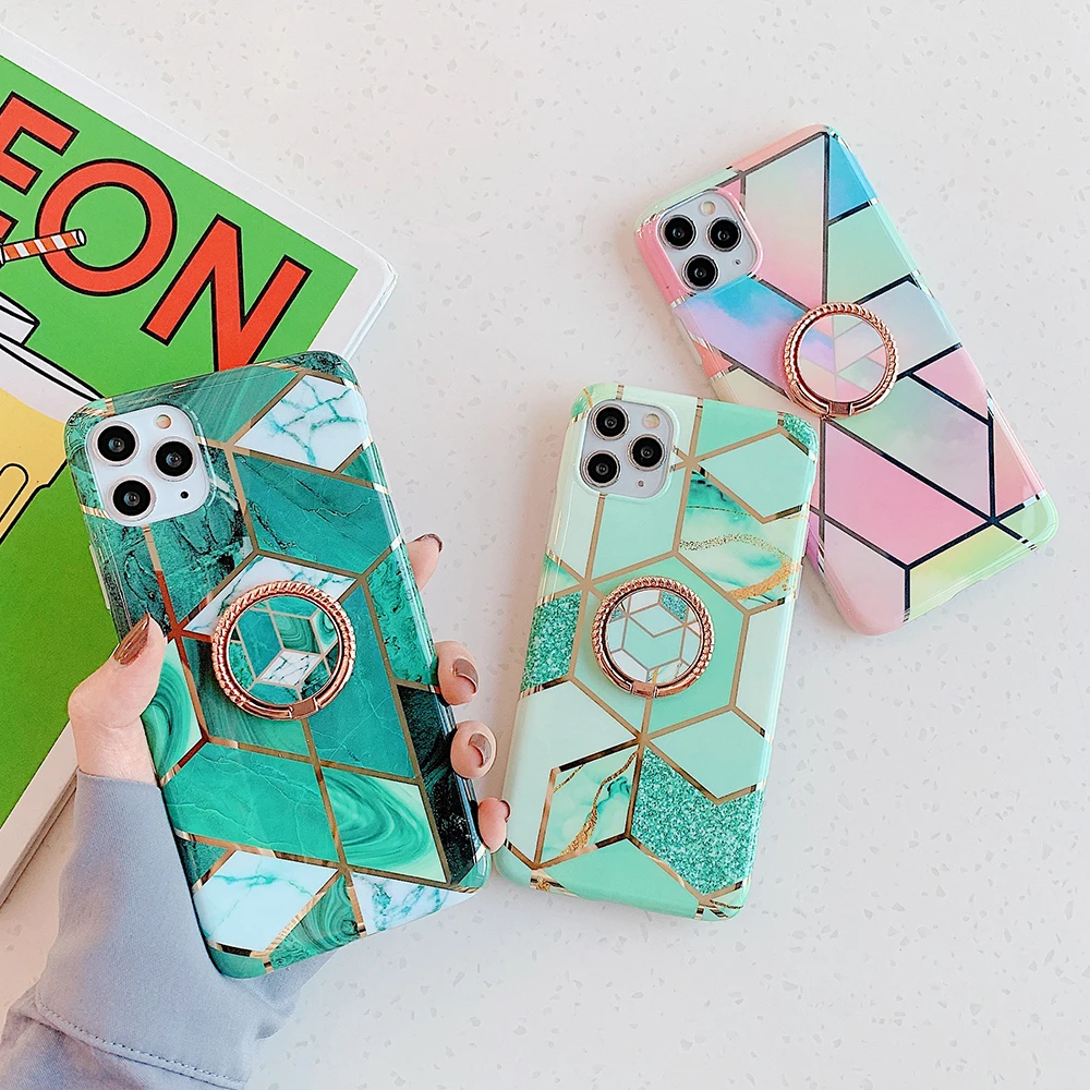Green Geometric Marble Metalic Ring Phone Case For Samsung A51 A50 Note 10 8 9 S8 S9 S10 Plus Soft IMD Plated Cover | Мобильные