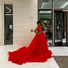 Потрясающая ярко-красная плиссированная юбка А-силуэта из тюля для свадьбы с длинным шлейфом, Женская Макси-юбка со шлейфом, платье для выпускного, юбки для фотосессии