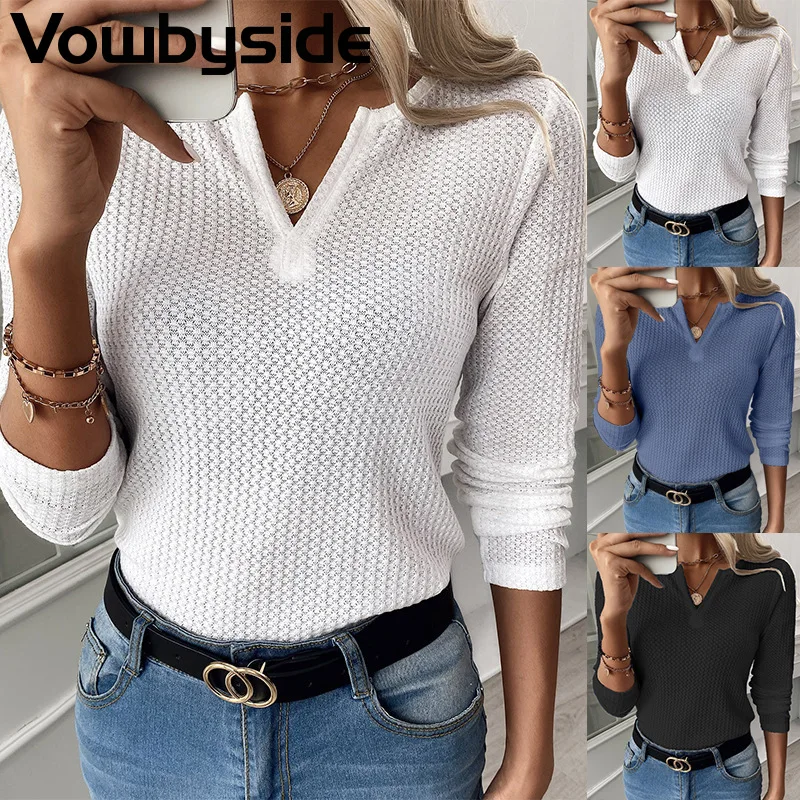 

Spring and Autumn Women's T-shirt Solid Color Long Sleeve V-Neck Casual Top