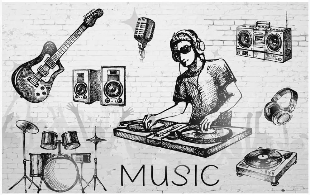 3d обои на заказ фотообои ручная роспись музыка гитара барабанная стойка