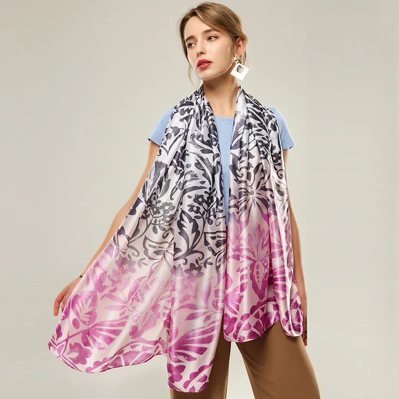 

2021 Women Imitation Silk Scarf Butterfly Flower Gradient Print Shawls Office Lady Soft Wraps Female Elegant Echarpe 180x90cm