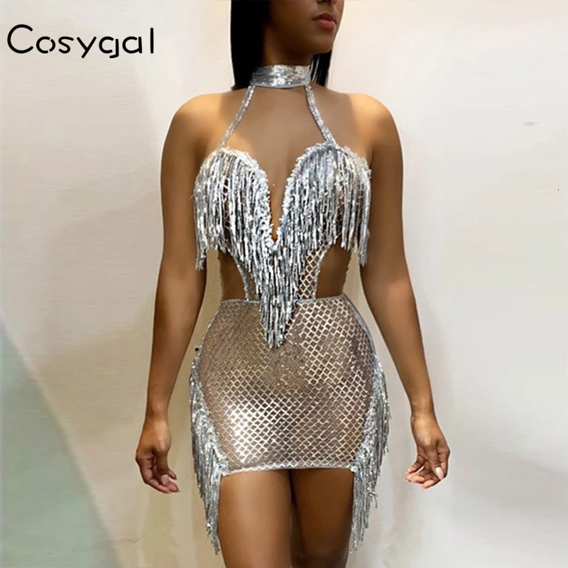 Женское облегающее платье-Холтер COSYGAL Клубное платье с блестками и кисточками