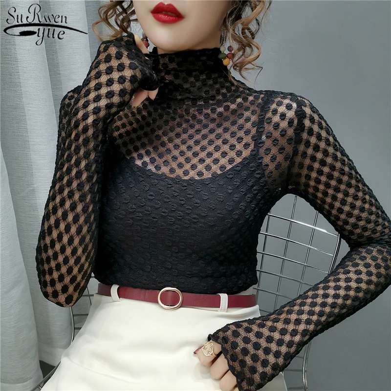 

New Style for Autumn and Winter Sexy Priming Lace Upper Garment Female Long Sleeve Turtleneck Lace Bottoming Shirt Blusas 10813
