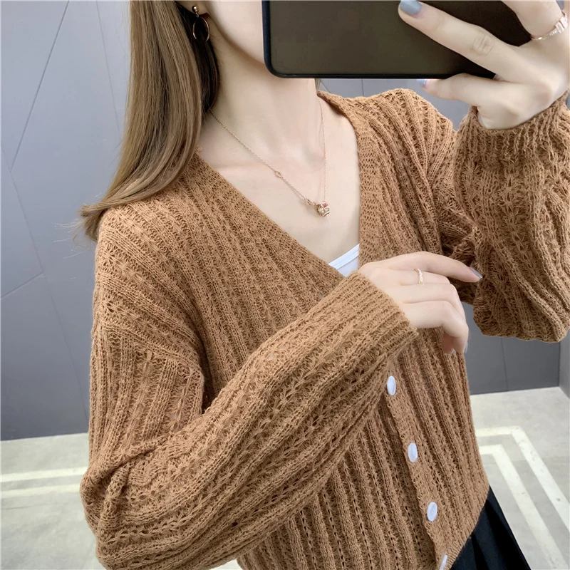 

Room 174292, Row 6, No.5 Middle] real photo of spring dress solid color hollow out short knitted cardigan [1001] 37
