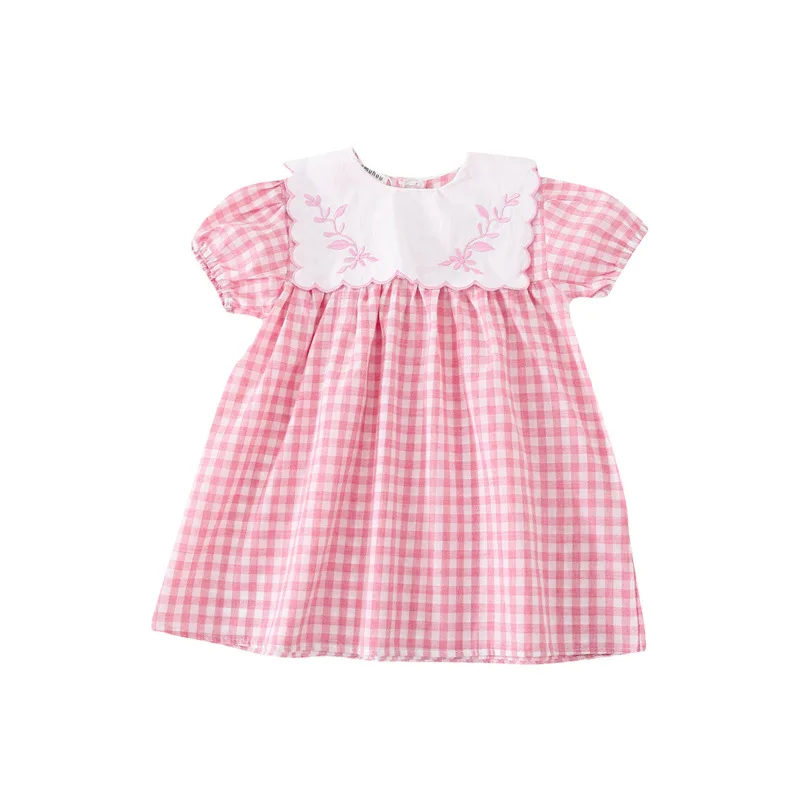 

2021 Summer Girls Plaid Dress Korean Children Pink Blue Cotton One Piece Robe Kids Clothing Baby Girl Floral Embroidered Dresses