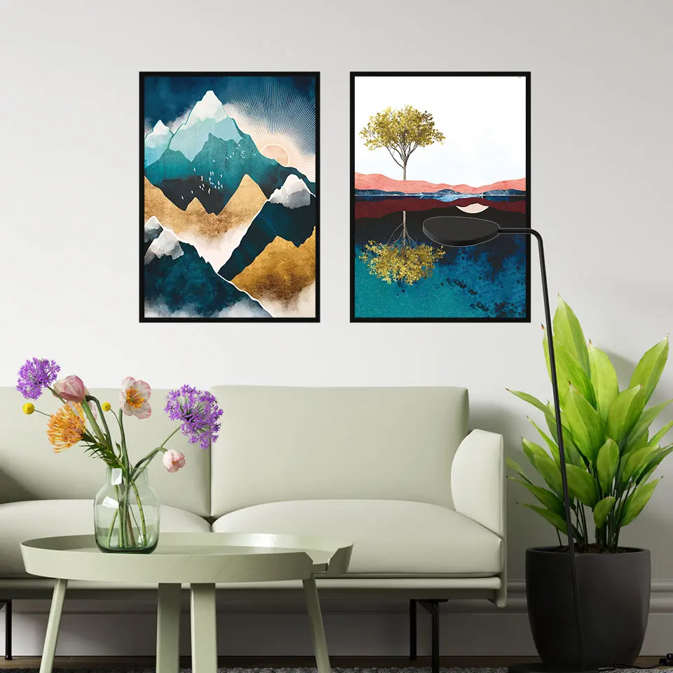 

Golden Tree Poster Abstract Mountain Canvas Painting Bird Wall Art Pictures For Living Room Home Decorative Prints On The Wall