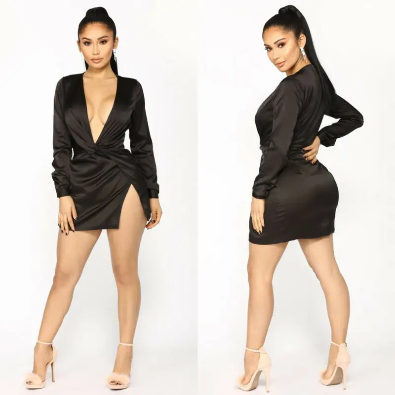 

US Women Sexy Deep V-Neck Empire Waistline Long Sleeve Solid Bandage Bodycon Evening Party Cocktail Club Mini Dress