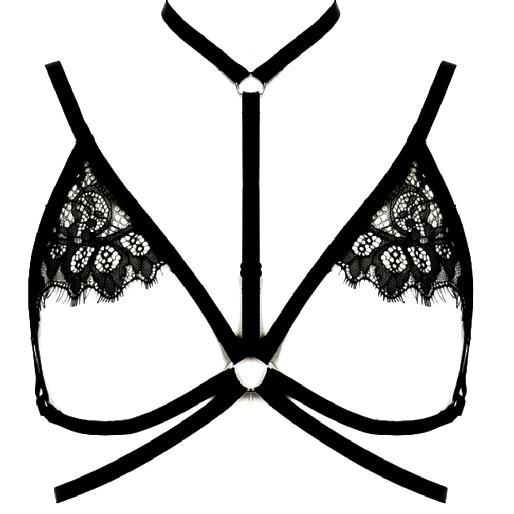 JLX.HARNESS Lace Sexy Bra Body Harness Lingerie Belt Black Hollow Lace Bra Goth Bondage Body Harness Punk Edgy Brassiere