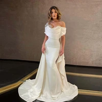 white fashion simple elegant evening dress off the shoulder crystals floor length with train photography dubai prom dress