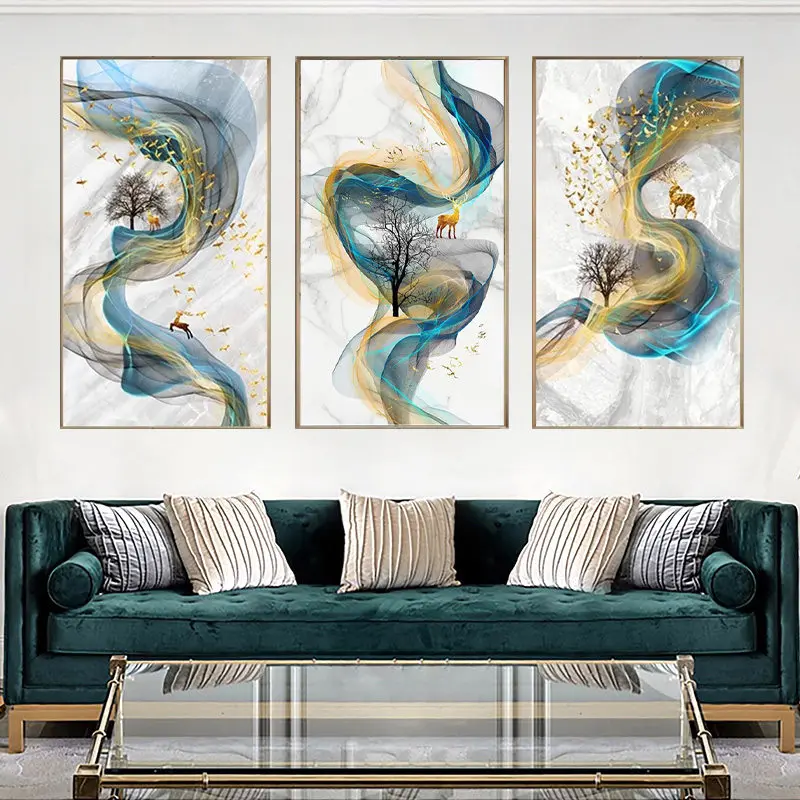 

Abstract Golden Deer Canvas Painting Blue Landscape Wall Art Poster Print Modern Minimalist Tableaux Living Room Home Decor