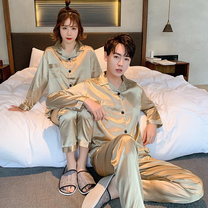 Silky Couples Spring Summer Autumn Men Satin Silk Pyjamas Sets Shirt and Pants Male Pijama Sleepwear Leisure Home Clothing Hotel