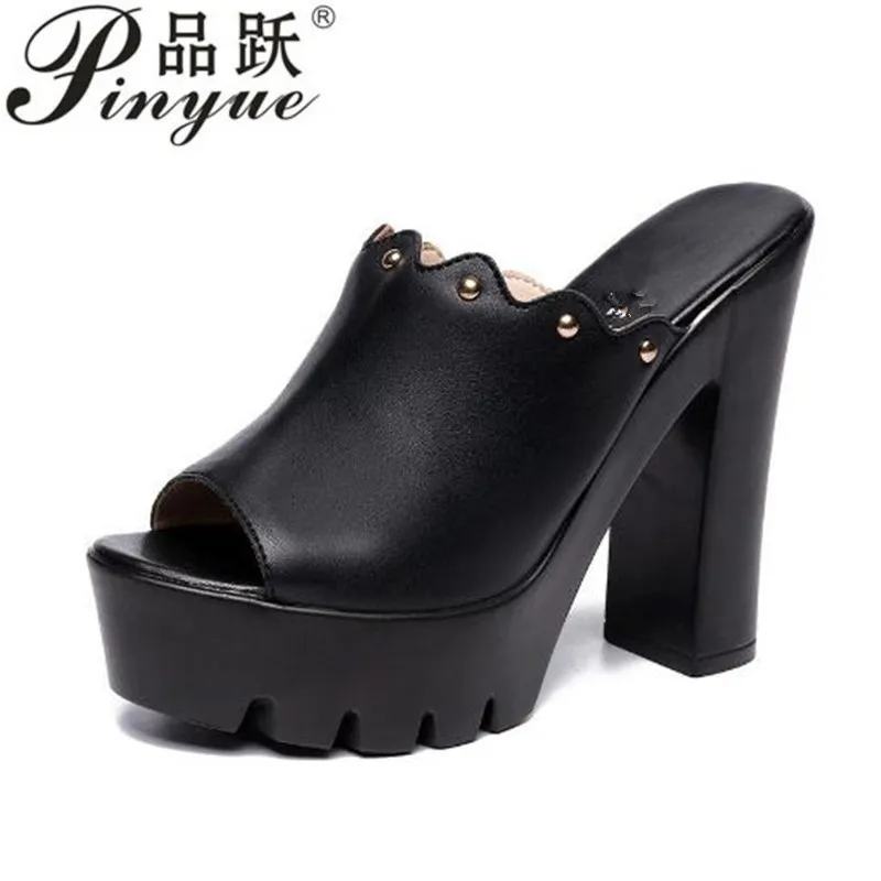 

Женская обувь на платформе; Летние шлепанцы; Очень высокий каблук кожаные шлепанцы без задника с открытыми пальцами; Женские шлёпанцы для ж...