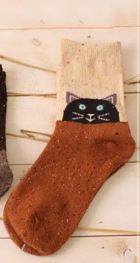cat orange Милые теплые носки с рисунками животных; женские новые японские Носки с рисунком оленя, кота, лисы, волка; шерстяные смешанные дышащие носки; сезон осень-зима - Цвет: cat orange