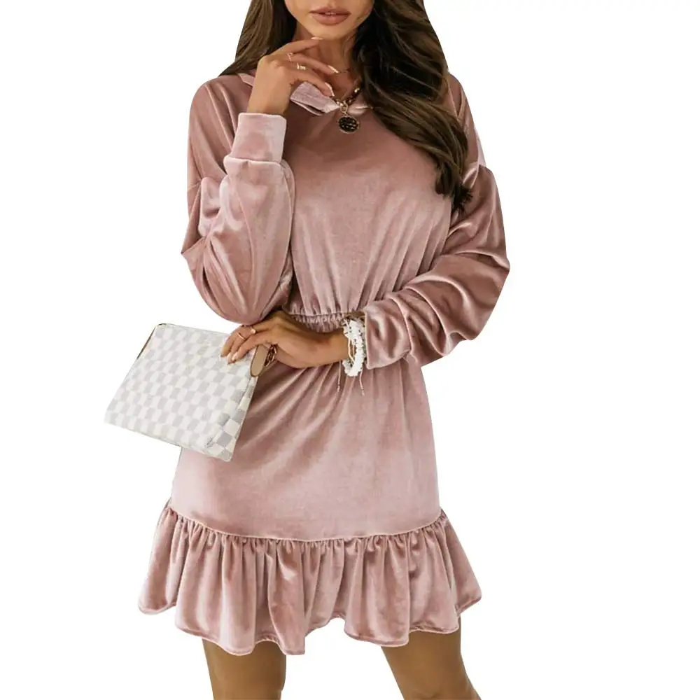 

Velvet Hooded Long Sleeve Women Dress Office Ladies Casual Solid Work Dresses Autumn Loose Pleated Elegant A-Line Mini Dress
