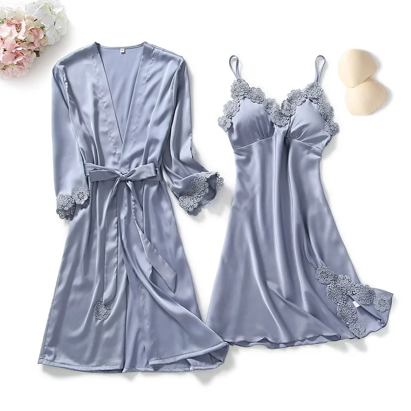 

Spring Summer 2PCS Nighty&Robe Suit Women Kimono Bathrobe Gown Casual Sleepwear Sleepwear Sexy Intimate Lingerie Home Clothes