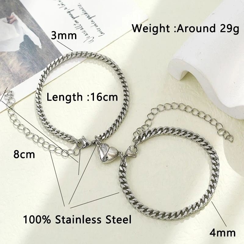 

Stainless Steel Chain Bracelet For Lovers Magnet Couple Bracelet 2021 Heart Attract Paired Brazalete Friendship Jewelry Gift HOT
