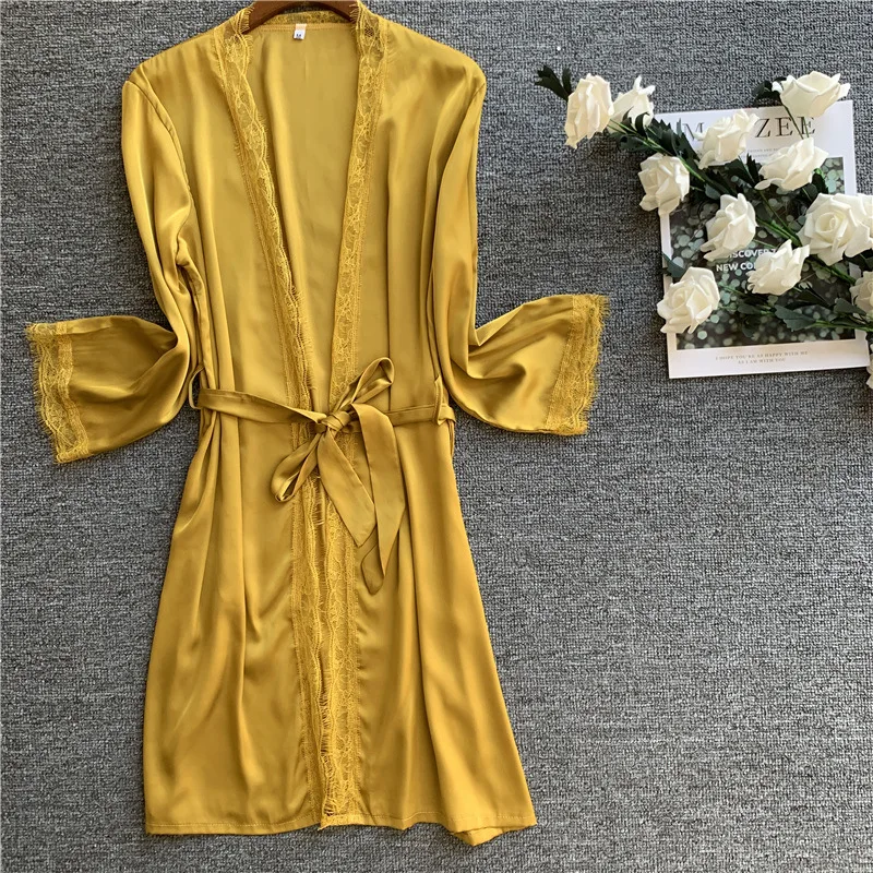 

Lace Sexy Women Robe With Belt Slim Bathrobe Satin Sleepwear
