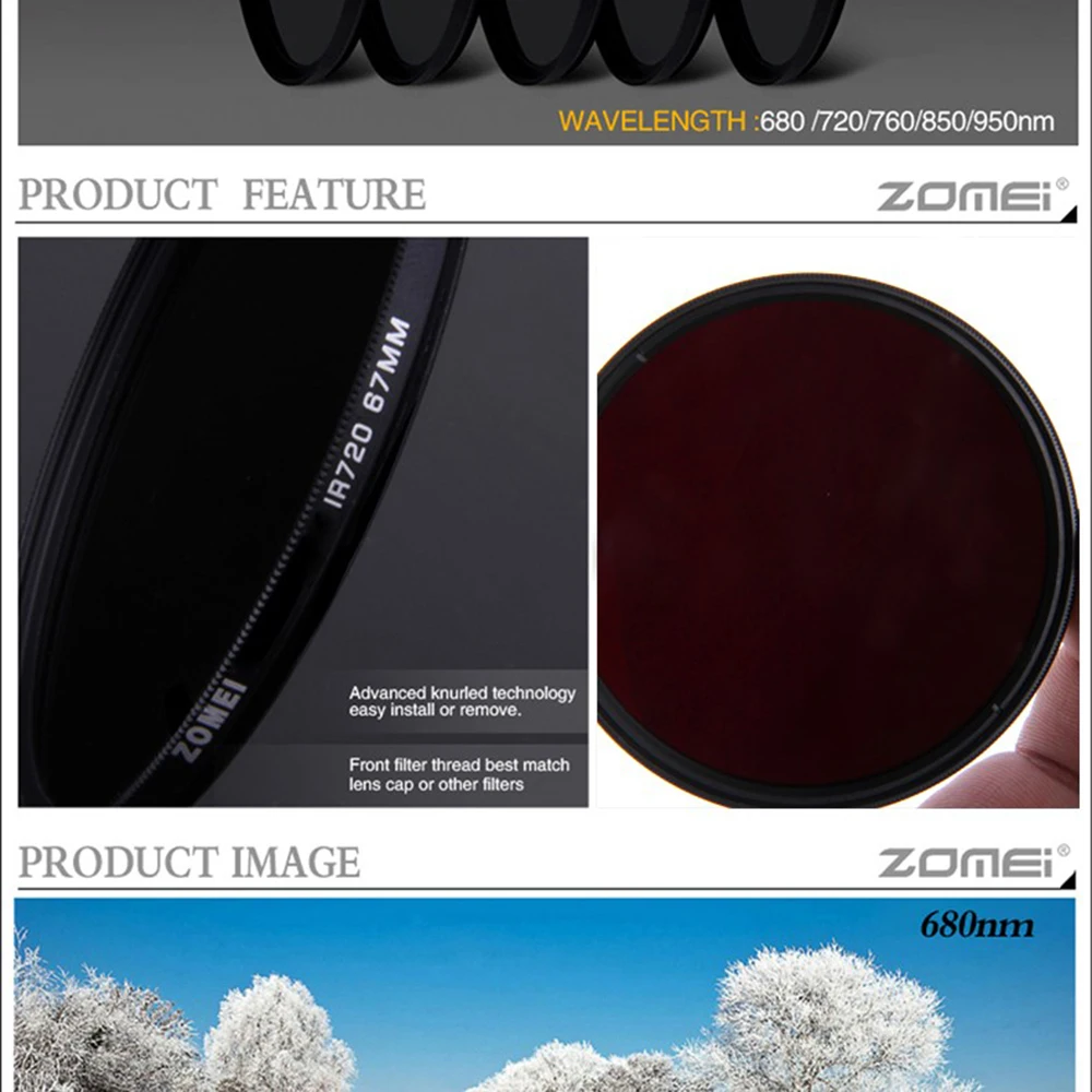 ZoMei инфракрасный ИК фильтр 680nm 720nm 760nm 850nm 950nm X-RAY инфракрасный фильтр для SLR DSLR объектив камеры Nikon Canon sony