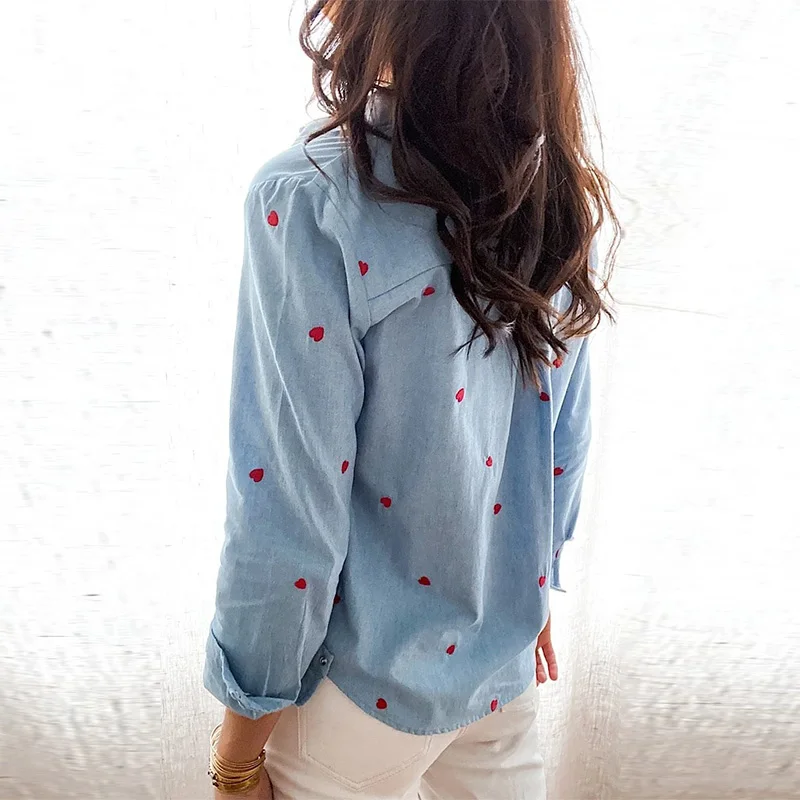 

Love Print Button Shirt Woman Long Sleeve Turn-down Collar Office Lady Korean Shirts Top Women 2021 Autumn Bule Female Clothing