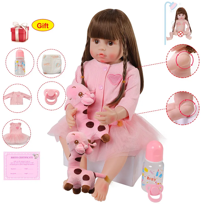 

22Inch Reborn Baby Doll 56cm Realistic Full Silicone Body Bebe Waterproof Toy Pink Princess Clothes For Children Christmas Gifts