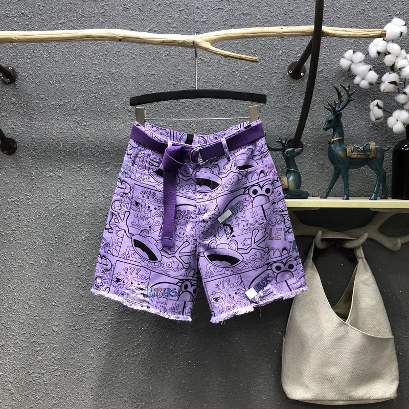 

Шорты женские с широкими штанинами, прямые джинсовые бриджи с принтом и дырками, с завышенной талией, фиолетовые, до колена, лето 2021