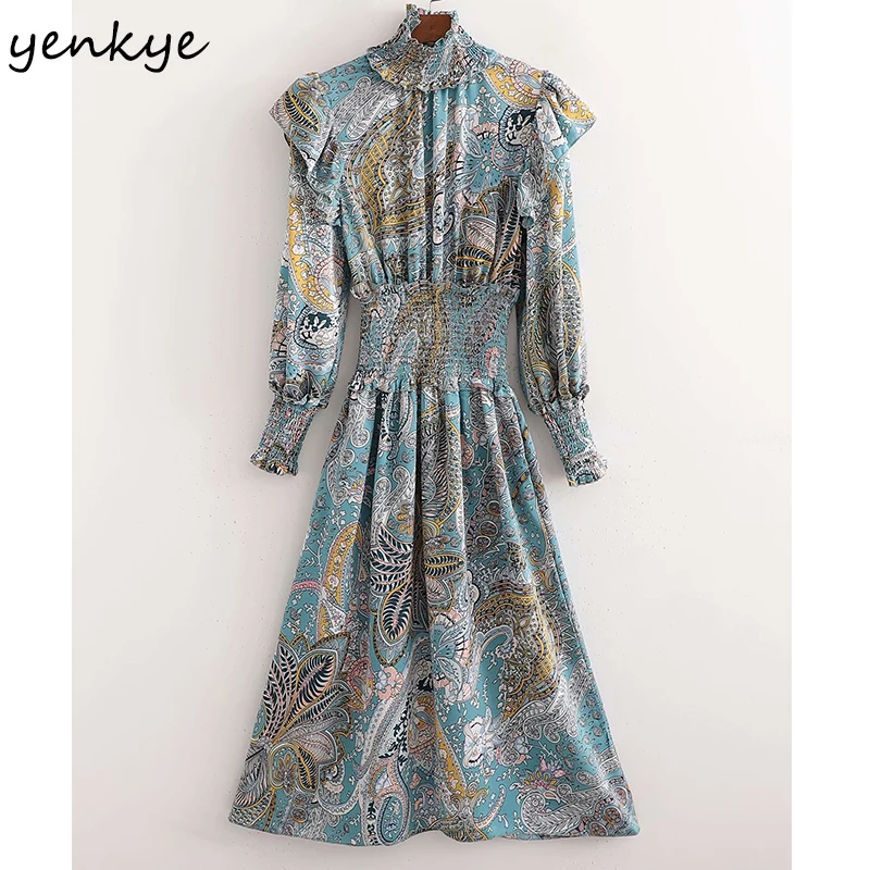 

YENKYE Elegant Women Vintage Floral Print Long Dress Female Stand Collar Long Sleeve Fungus Edge Elastic Waist A-line Dress