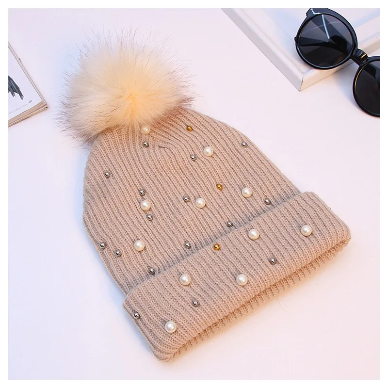 Модная теплая зимняя шапка для женщин, одноцветная вязаная шапка Skullie, женские шапочки с помпоном, шапки с помпонами, женская уличная шапка